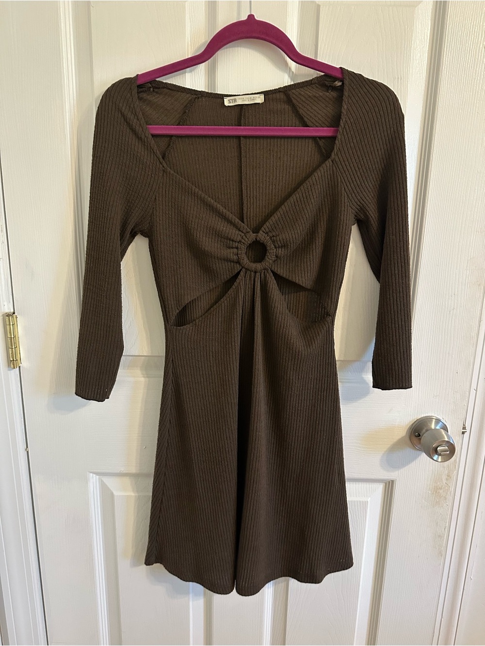stradivarius Brown Ribbed Cutout Mini Dress